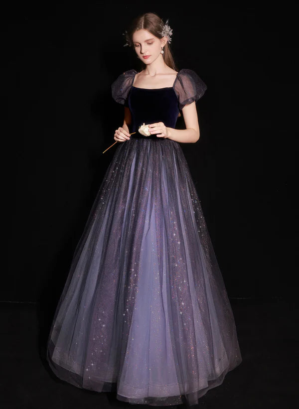 A-line Dark Purple Short Sleeves Tulle and Velvet Long Prom Dress